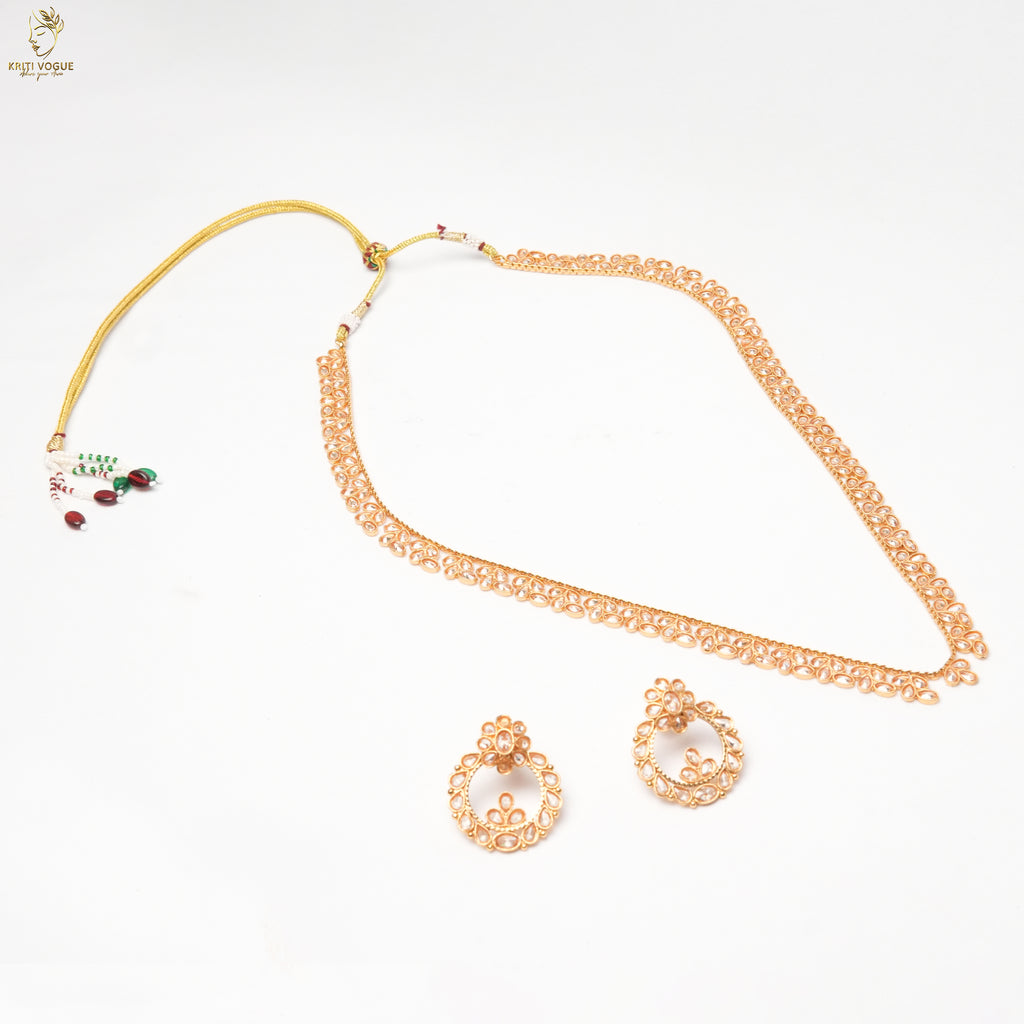 Gold Kundan Filigree Long Necklace Set | Openwork Chandbali Earrings | KV-5056