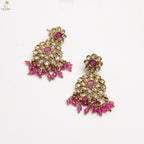 Gold Kundan Floral Chandbali Earrings | Pink Ruby Bead Drops | Festive Wear | KV-5062