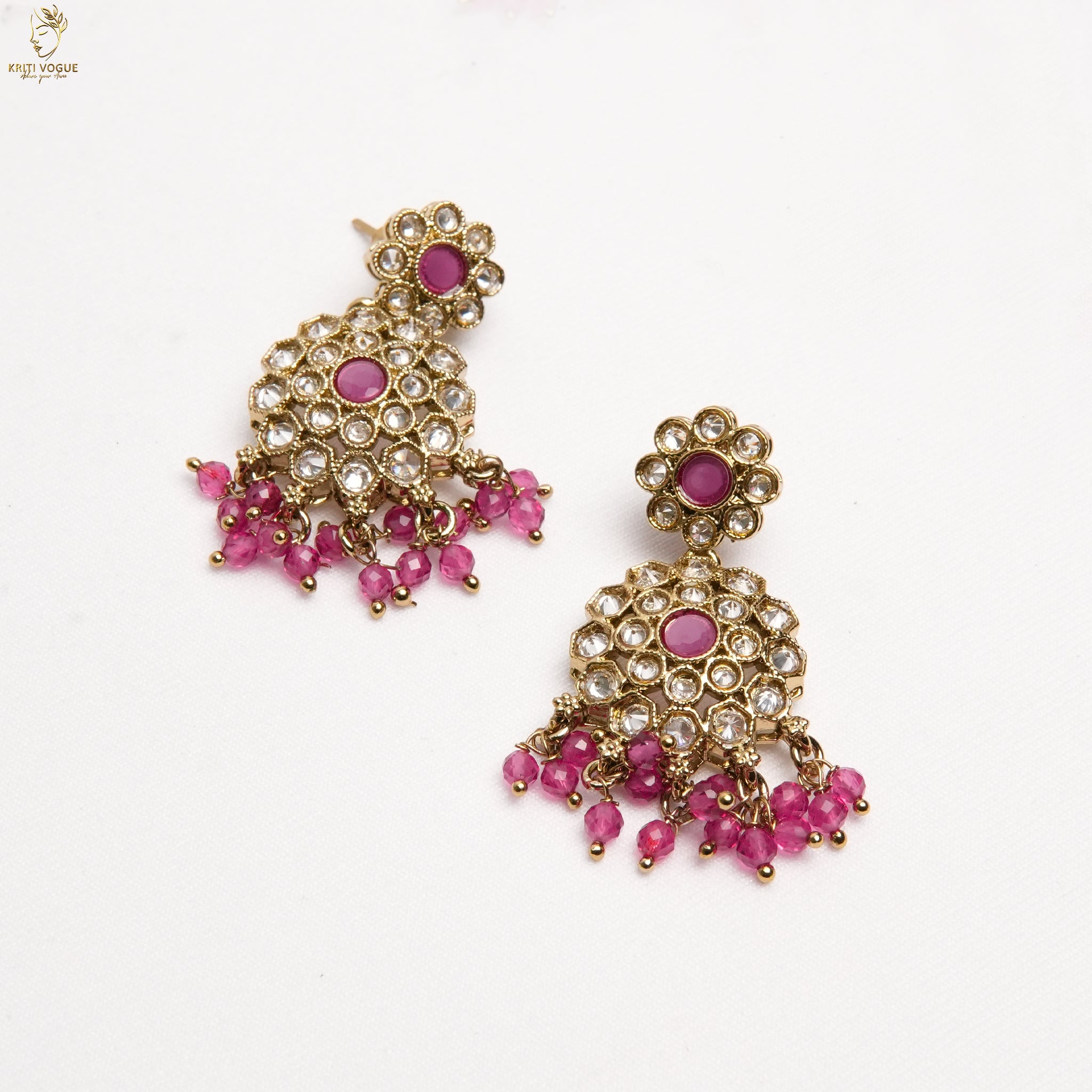 Gold Kundan Floral Chandbali Earrings | Pink Ruby Bead Drops | Festive Wear | KV-5062