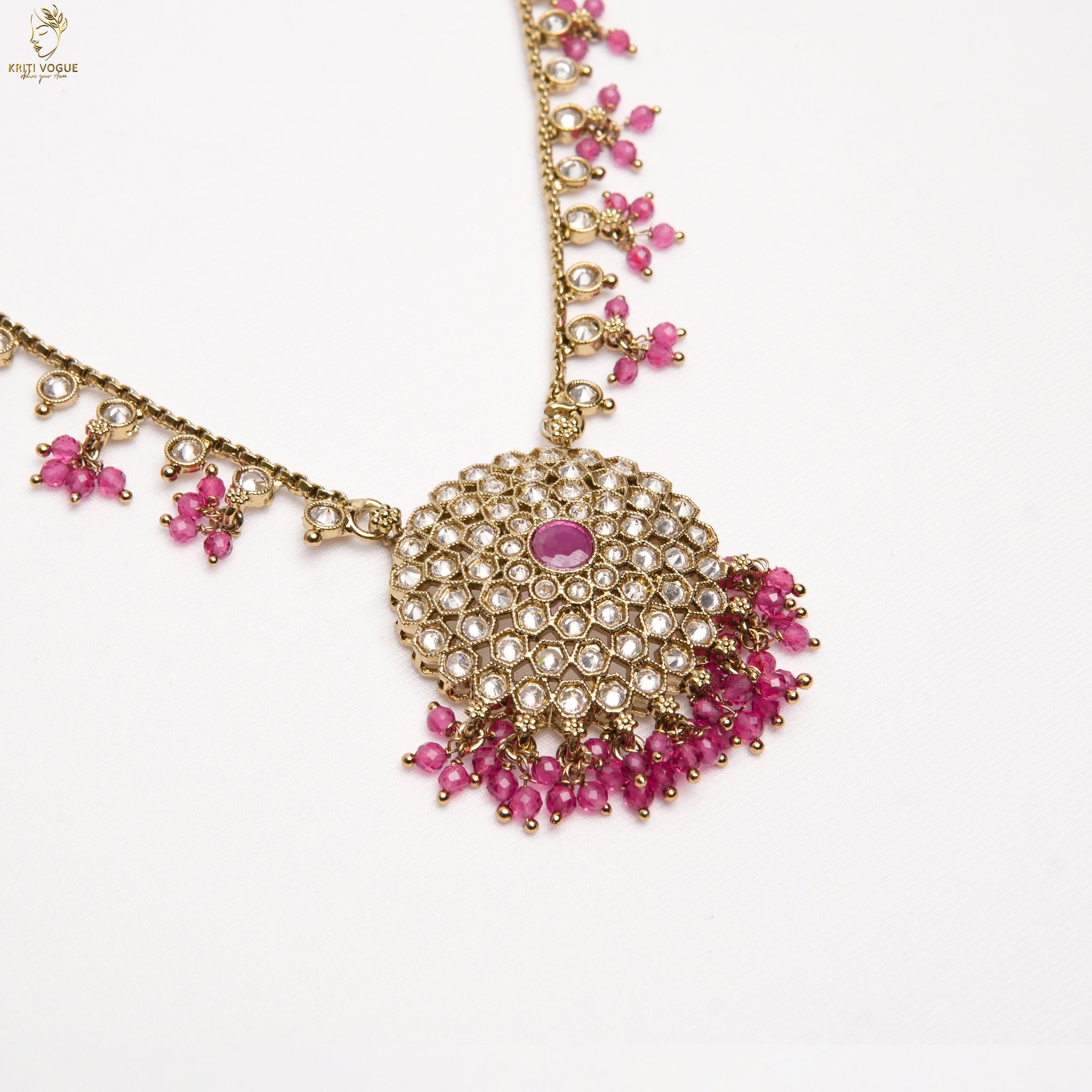 Gold Kundan Floral Chandbali Earrings | Pink Ruby Bead Drops | Festive Wear | KV-5062