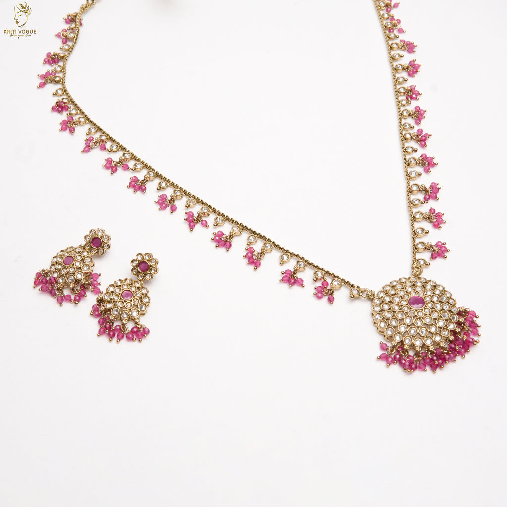 Gold Kundan Floral Chandbali Earrings | Pink Ruby Bead Drops | Festive Wear | KV-5062