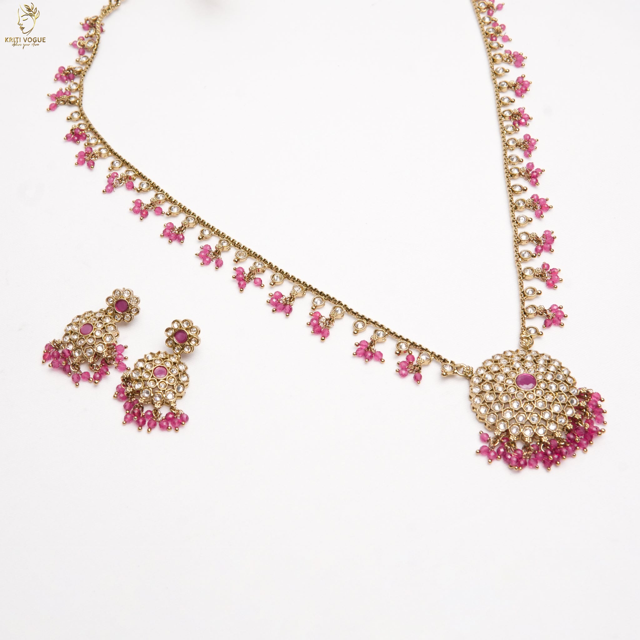 Gold Kundan Floral Chandbali Earrings | Pink Ruby Bead Drops | Festive Wear | KV-5062