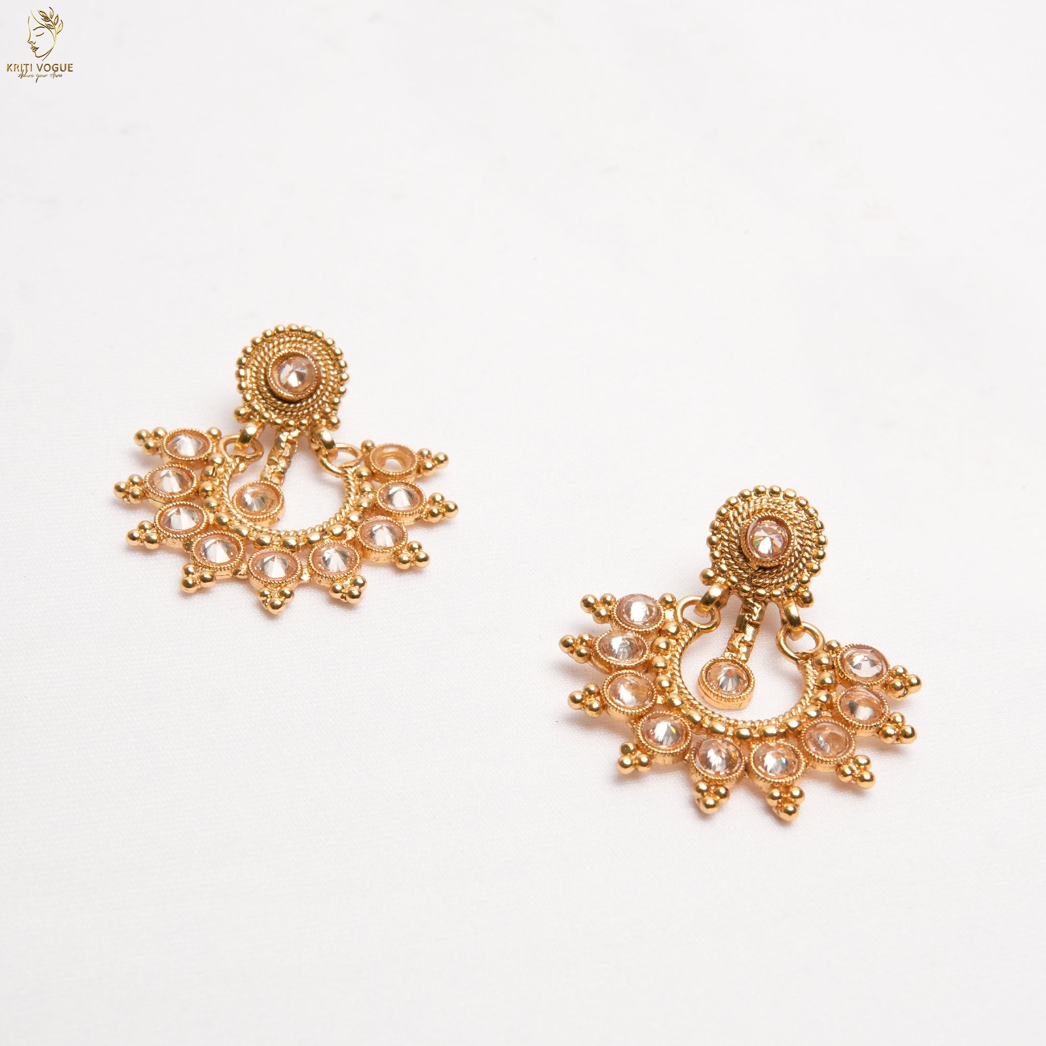 Gold Antique Long Haram Set | CZ Spike Petal Design | Chandbali Earrings | KV-5076