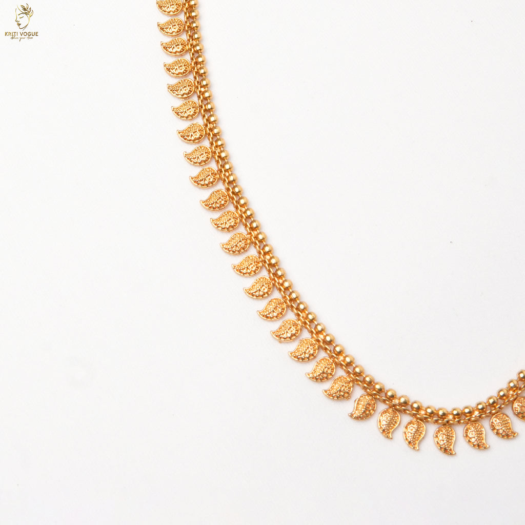 Gold Leaf Fringe Necklace & Earring Set | Temple Style | Festive Onam Wear | KV-5095