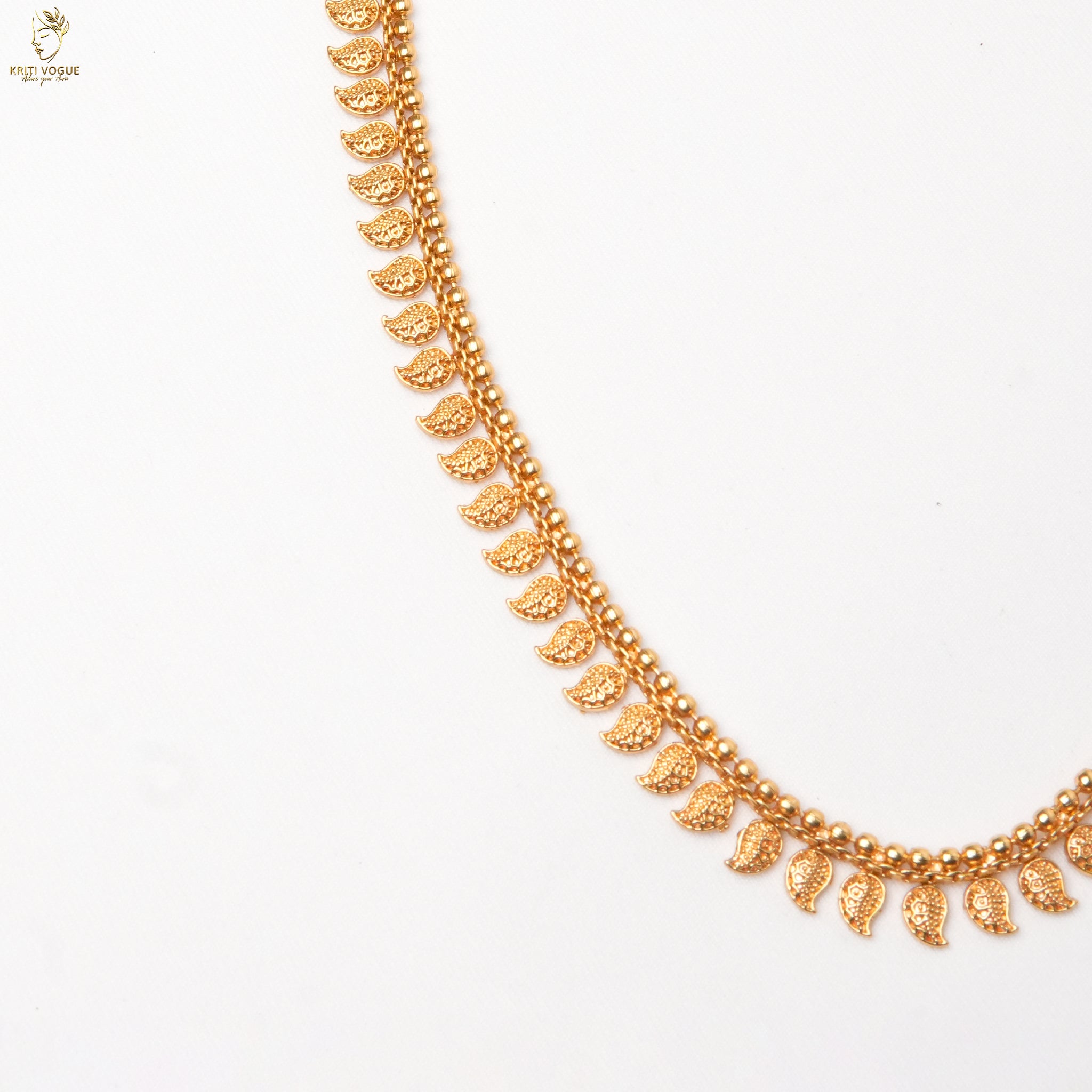 Gold Leaf Fringe Necklace & Earring Set | Temple Style | Festive Onam Wear | KV-5095