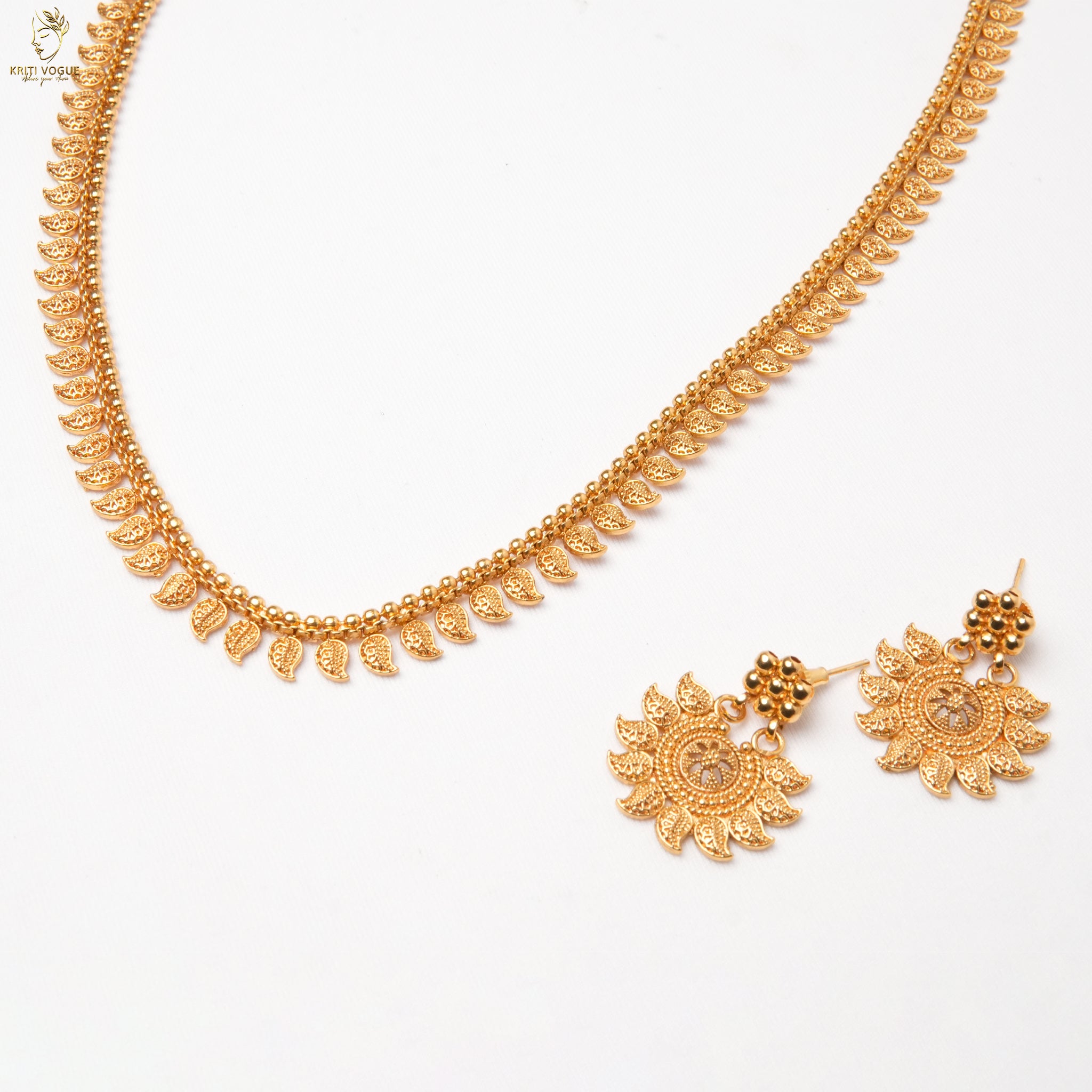 Gold Leaf Fringe Necklace & Earring Set | Temple Style | Festive Onam Wear | KV-5095