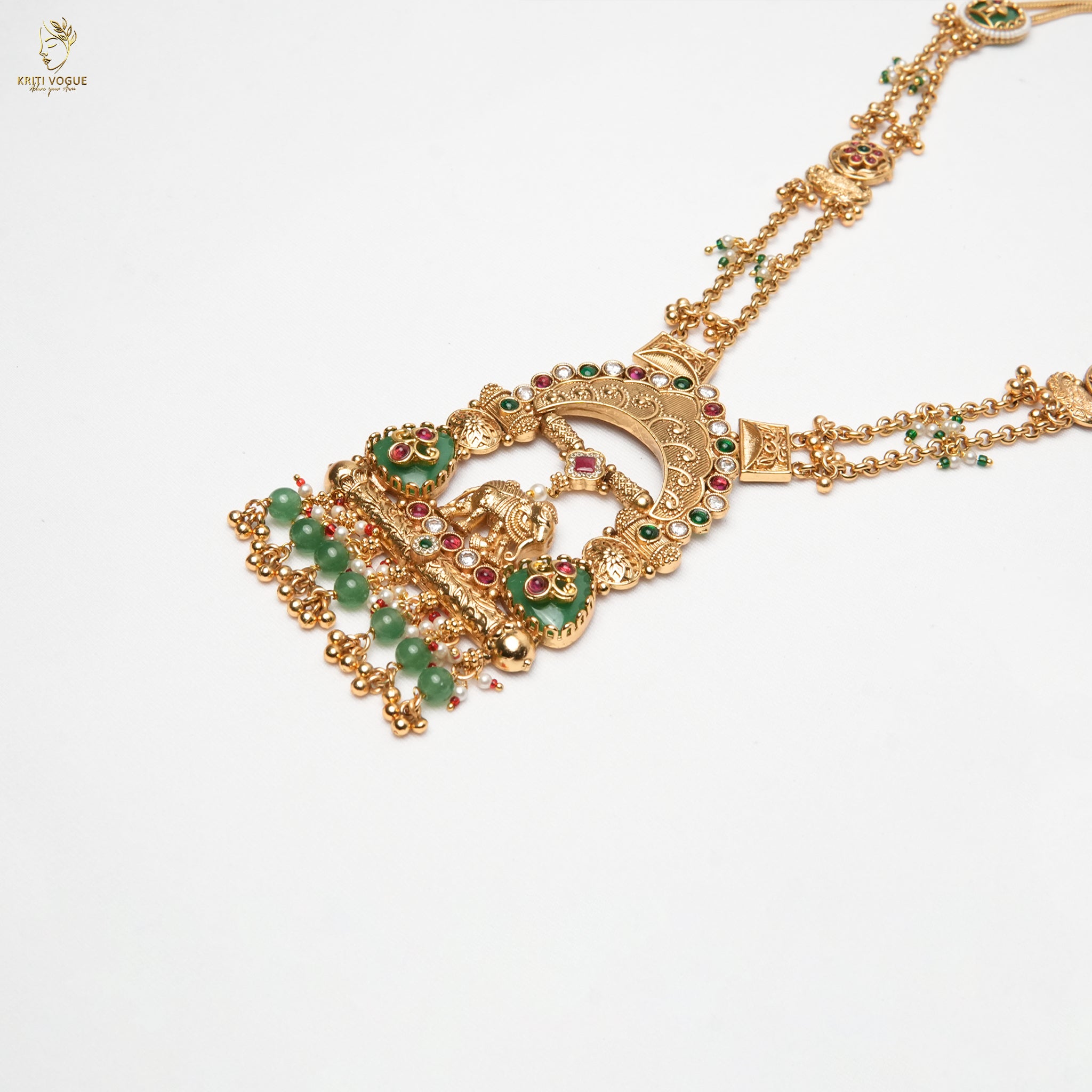 Gold Antique Temple Long Necklace Set | Lakshmi Pendant | Ruby & Emerald | KV-5096