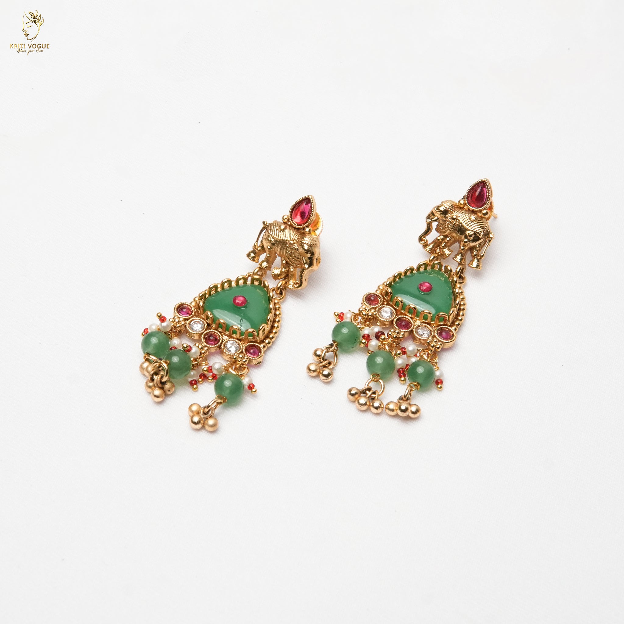 Gold Antique Temple Long Necklace Set | Lakshmi Pendant | Ruby & Emerald | KV-5096