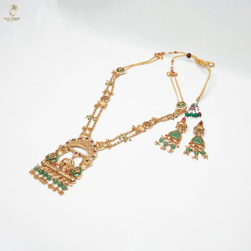 Gold Antique Temple Long Necklace Set | Lakshmi Pendant | Ruby & Emerald | KV-5096