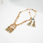 Gold Antique Temple Long Necklace Set | Lakshmi Pendant | Ruby & Emerald | KV-5096