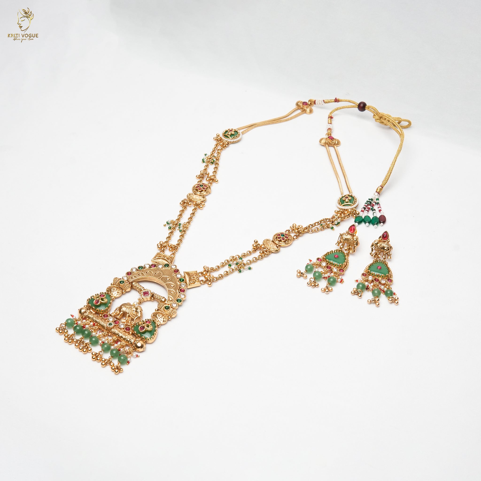 Gold Antique Temple Long Necklace Set | Lakshmi Pendant | Ruby & Emerald | KV-5096