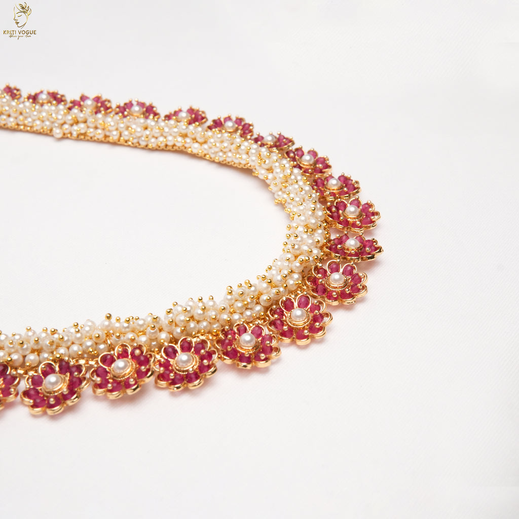 Kerala Bridal Haram Set | Ruby Flower & Pearl | Jhumka & Maang Tikka | KV-5097