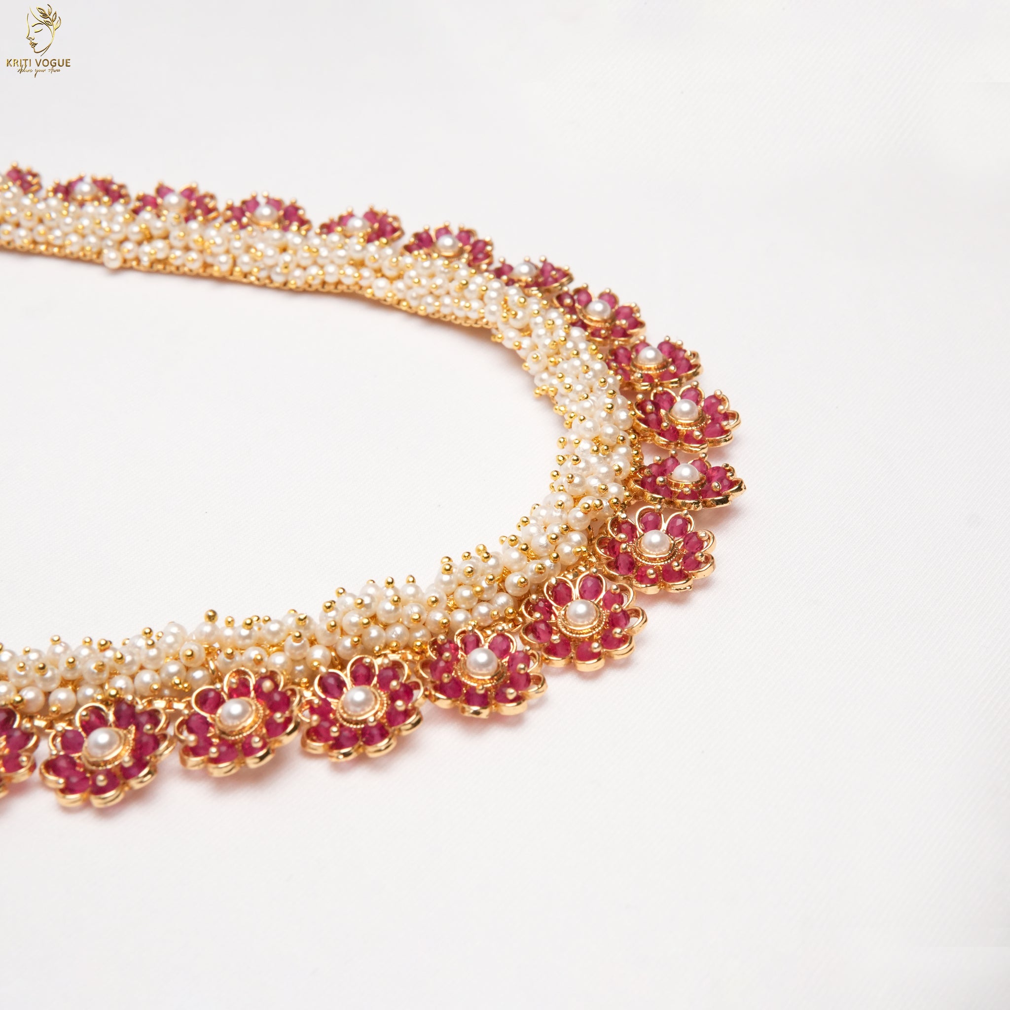 Kerala Bridal Haram Set | Ruby Flower & Pearl | Jhumka & Maang Tikka | KV-5097