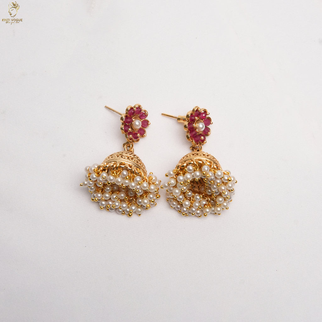 Kerala Bridal Haram Set | Ruby Flower & Pearl | Jhumka & Maang Tikka | KV-5097
