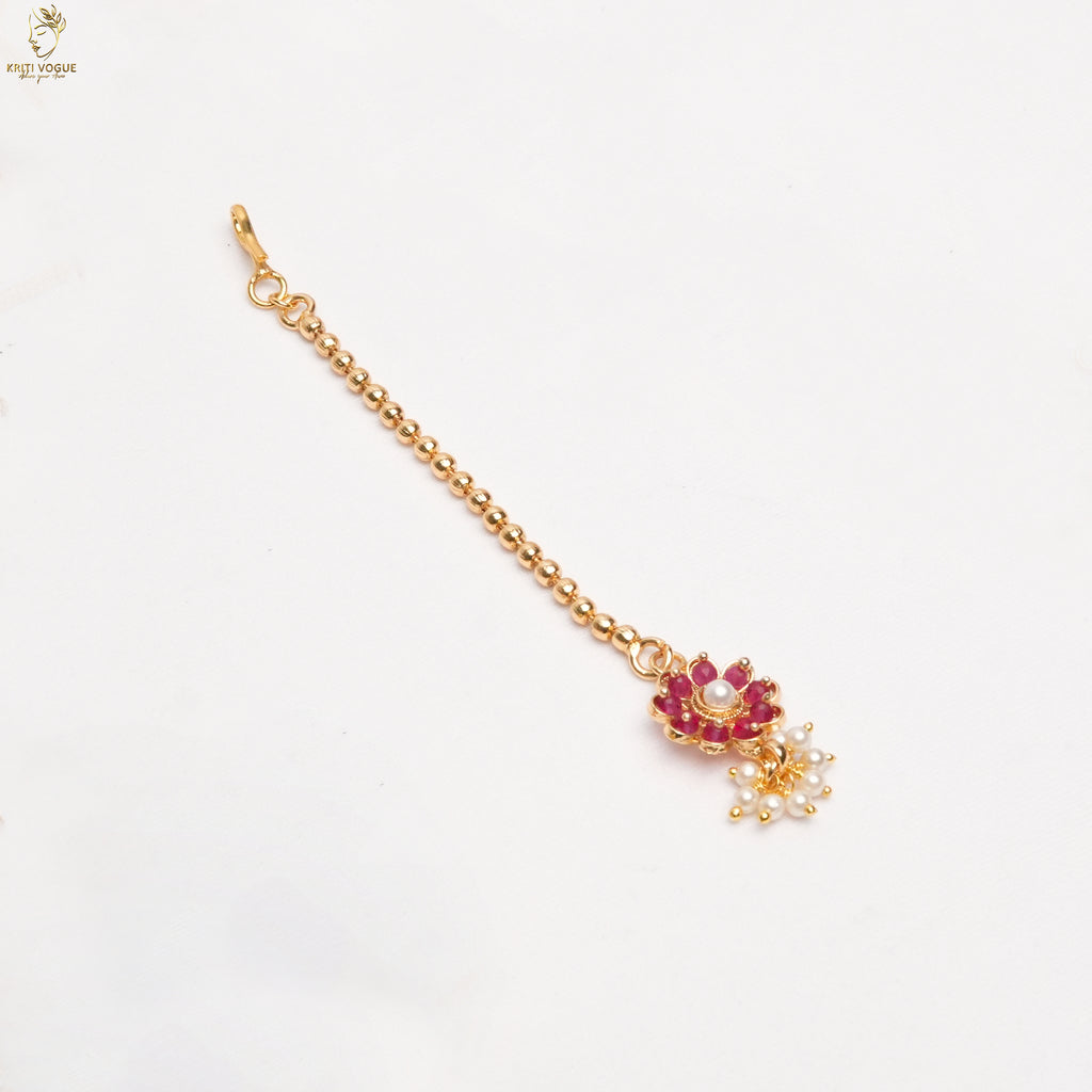 Kerala Bridal Haram Set | Ruby Flower & Pearl | Jhumka & Maang Tikka | KV-5097