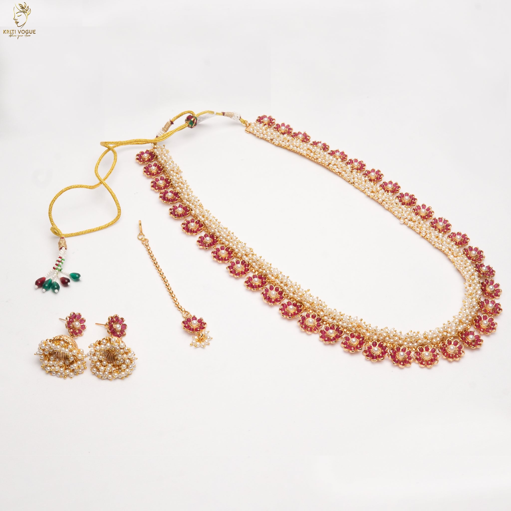 Kerala Bridal Haram Set | Ruby Flower & Pearl | Jhumka & Maang Tikka | KV-5097