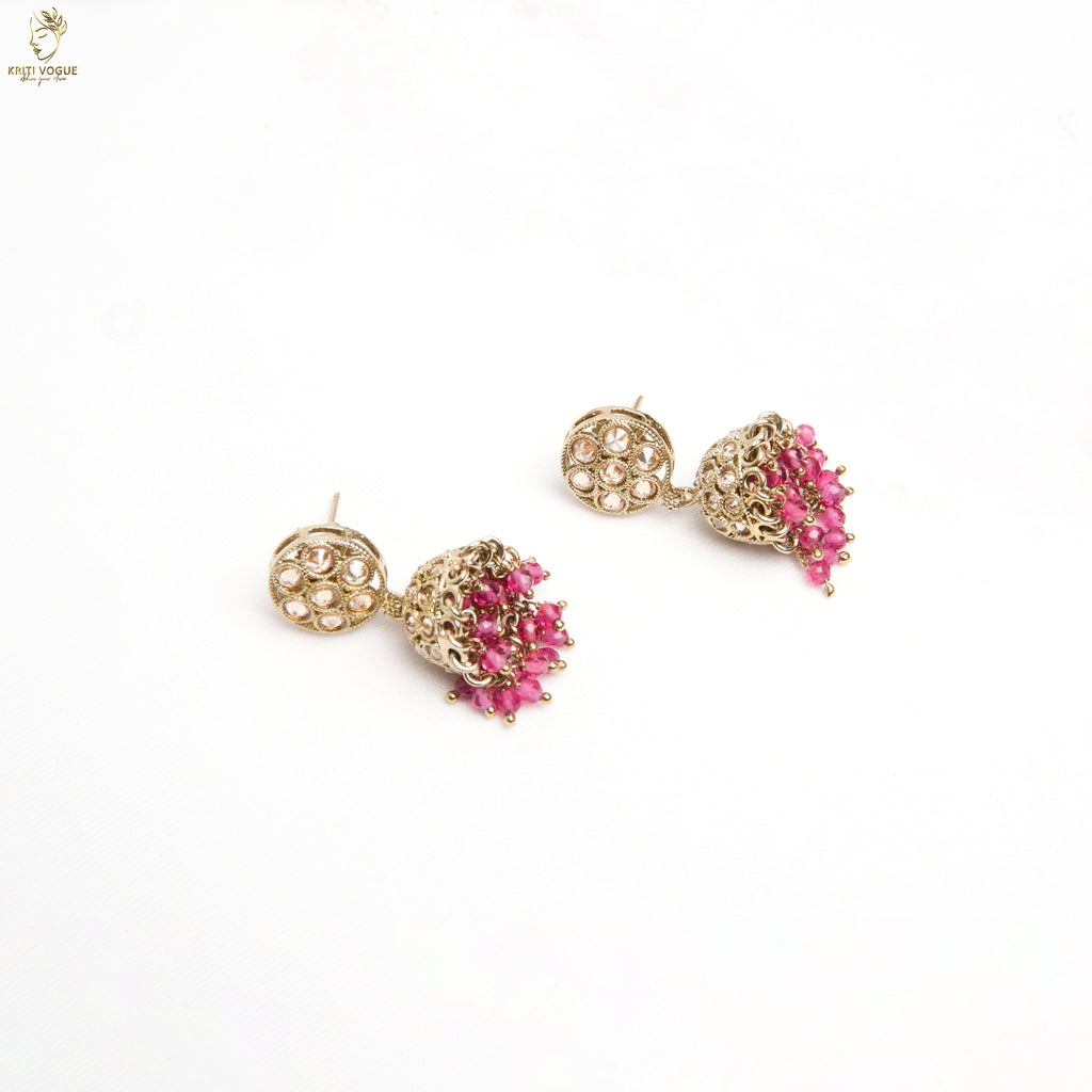 Gold Ruby Crystal Drop Haram Set | Dense Fringe Necklace | Festive Bridal | KV-5102