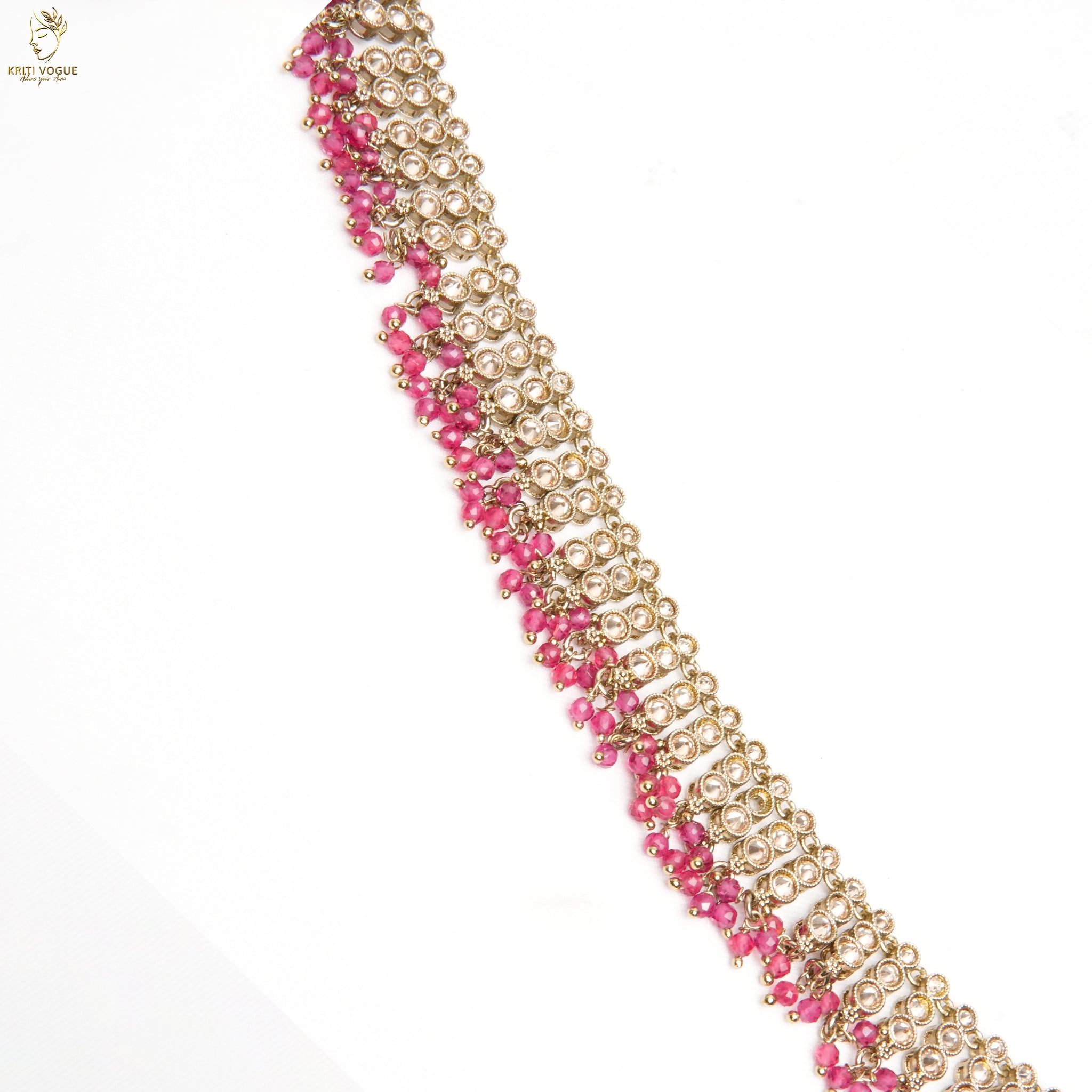 Gold Ruby Crystal Drop Haram Set | Dense Fringe Necklace | Festive Bridal | KV-5102