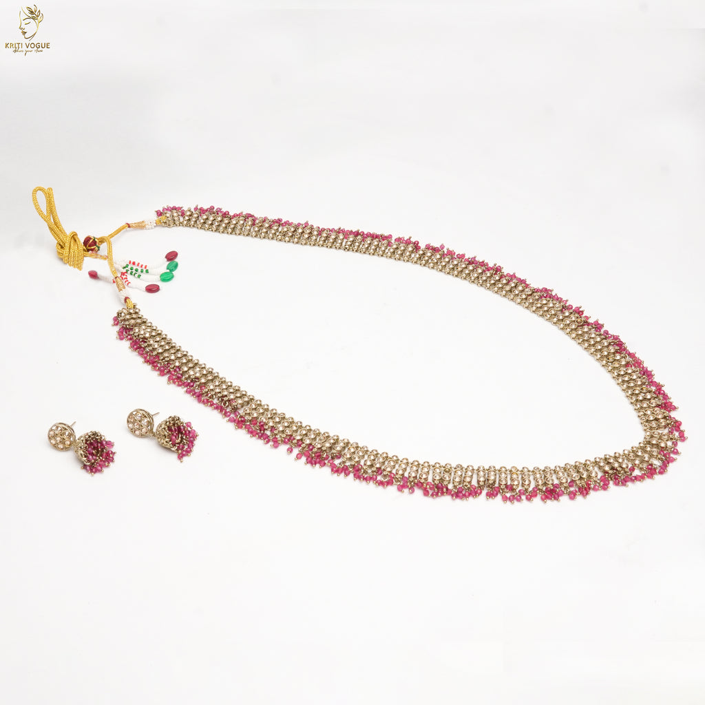 Gold Ruby Crystal Drop Haram Set | Dense Fringe Necklace | Festive Bridal | KV-5102