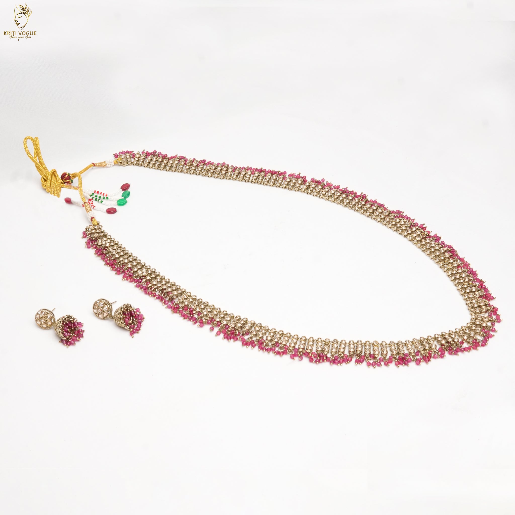 Gold Ruby Crystal Drop Haram Set | Dense Fringe Necklace | Festive Bridal | KV-5102