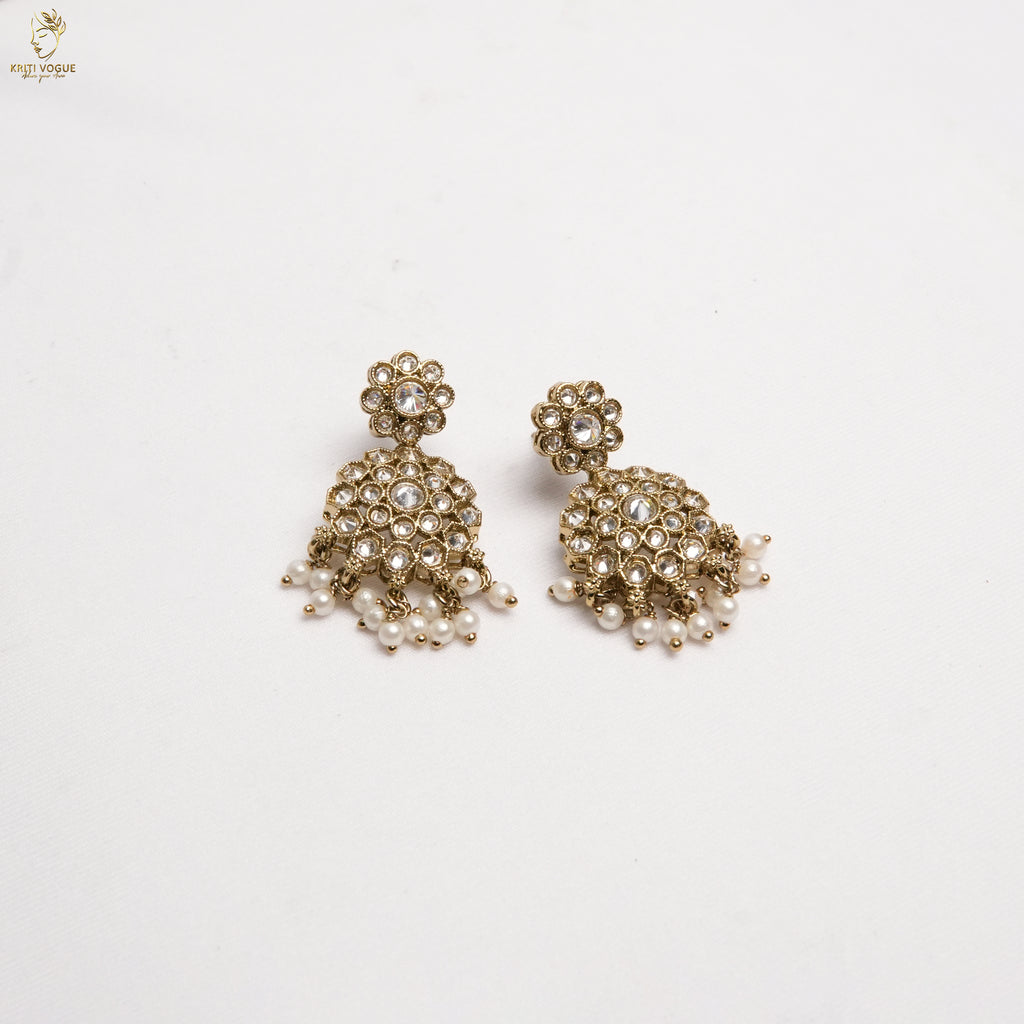 Gold Kundan Long Haram Set | Pearl Drops | Large Kundan Pendant & Jhumka | KV-5103