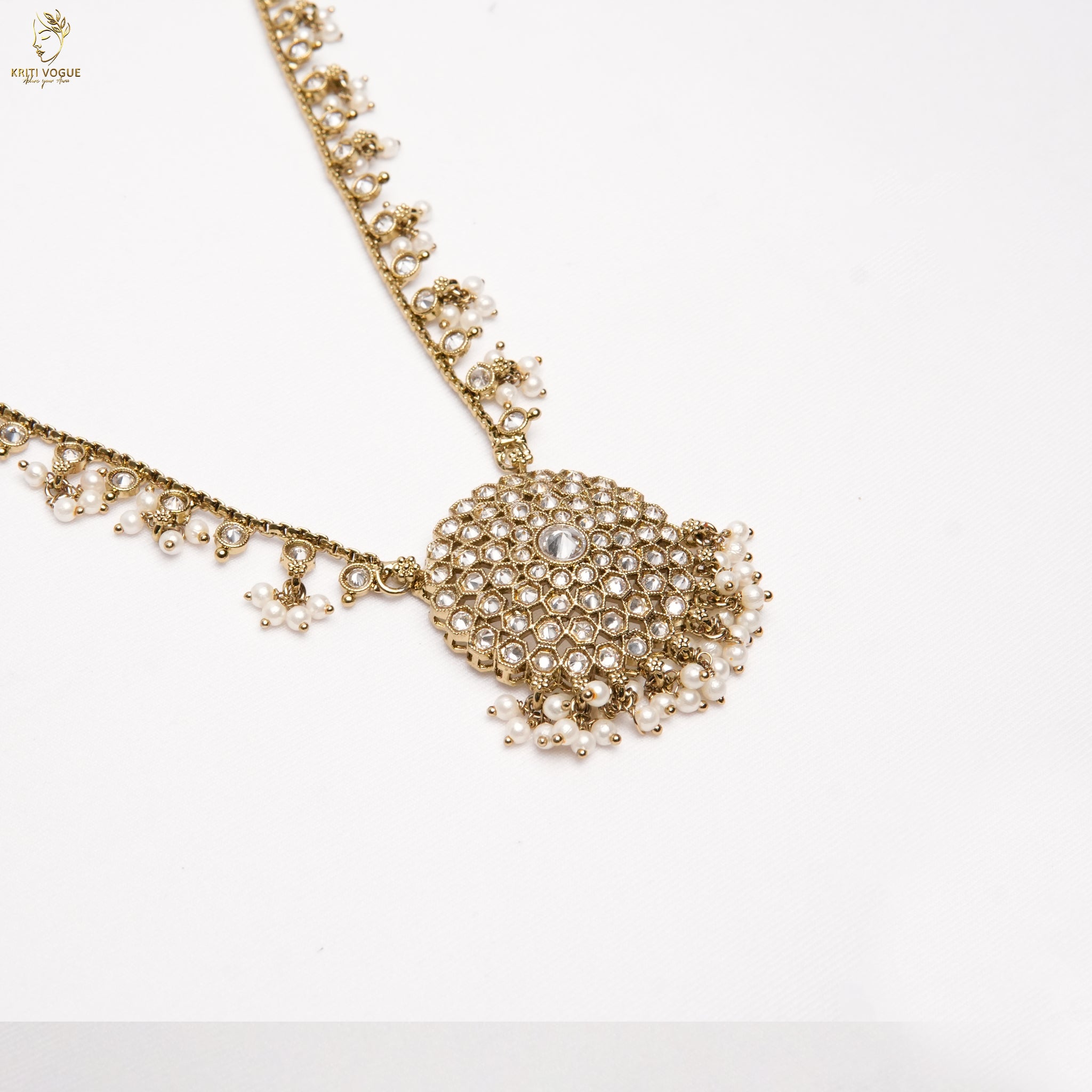 Gold Kundan Long Haram Set | Pearl Drops | Large Kundan Pendant & Jhumka | KV-5103