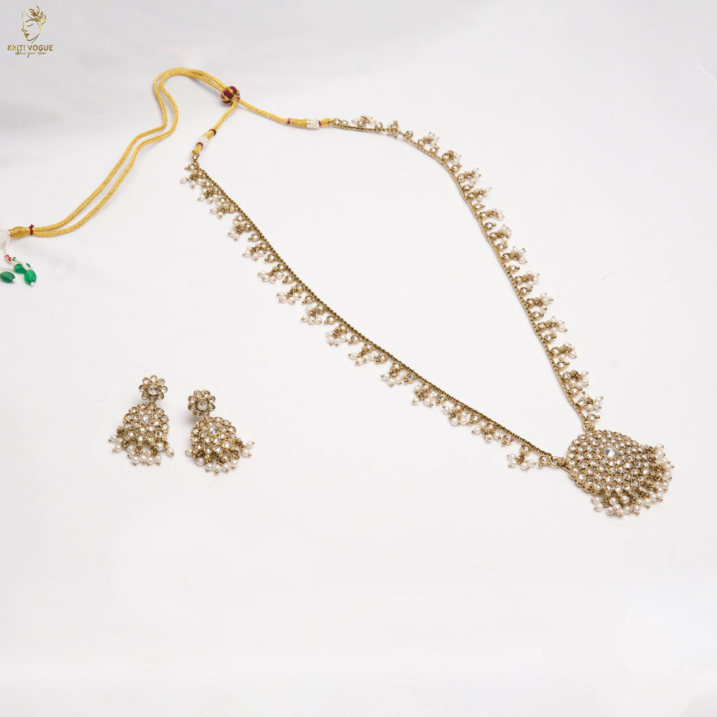 Gold Kundan Long Haram Set | Pearl Drops | Large Kundan Pendant & Jhumka | KV-5103