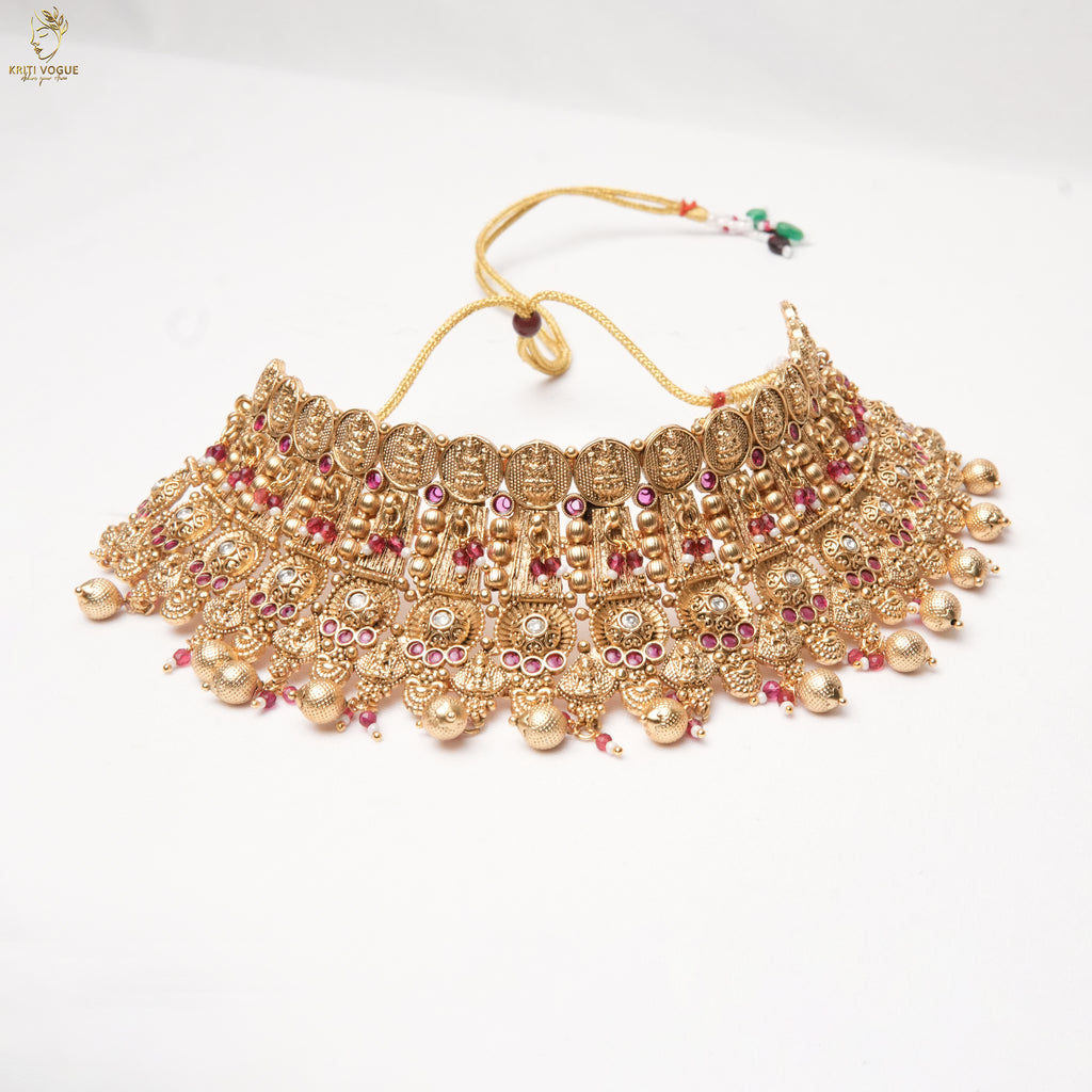 Gold Bridal Choker Set | Pearl Ruby Filigree Panels | Jhumka & Maang Tikka | KV-5108
