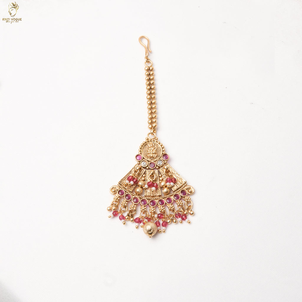 Gold Bridal Choker Set | Pearl Ruby Filigree Panels | Jhumka & Maang Tikka | KV-5108