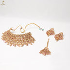 Gold Bridal Choker Set | Pearl Ruby Filigree Panels | Jhumka & Maang Tikka | KV-5108