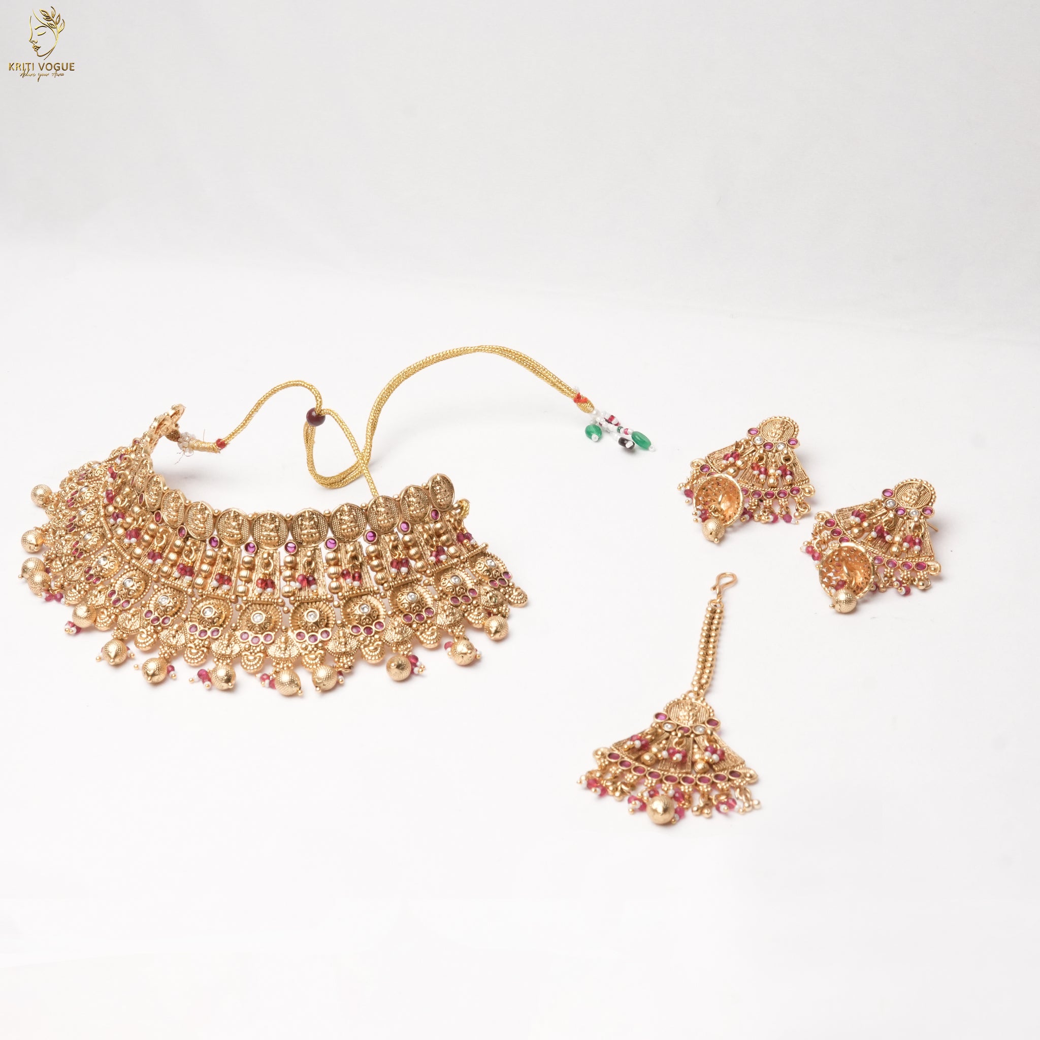 Gold Bridal Choker Set | Pearl Ruby Filigree Panels | Jhumka & Maang Tikka | KV-5108
