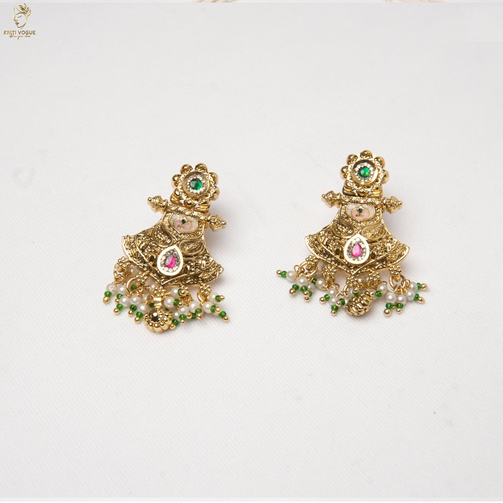Pearl Mala Kundan Temple Pendant Set | Multi-Strand Haram | Ruby Emerald | KV-5110