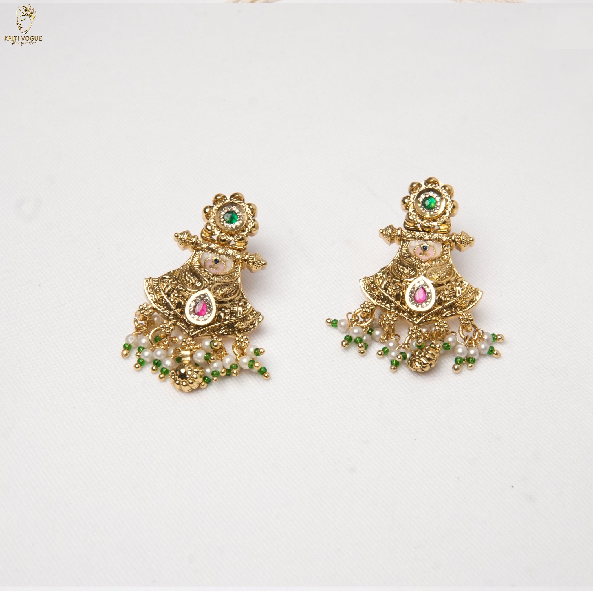 Pearl Mala Kundan Temple Pendant Set | Multi-Strand Haram | Ruby Emerald | KV-5110