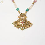 Pearl Mala Kundan Temple Pendant Set | Multi-Strand Haram | Ruby Emerald | KV-5110