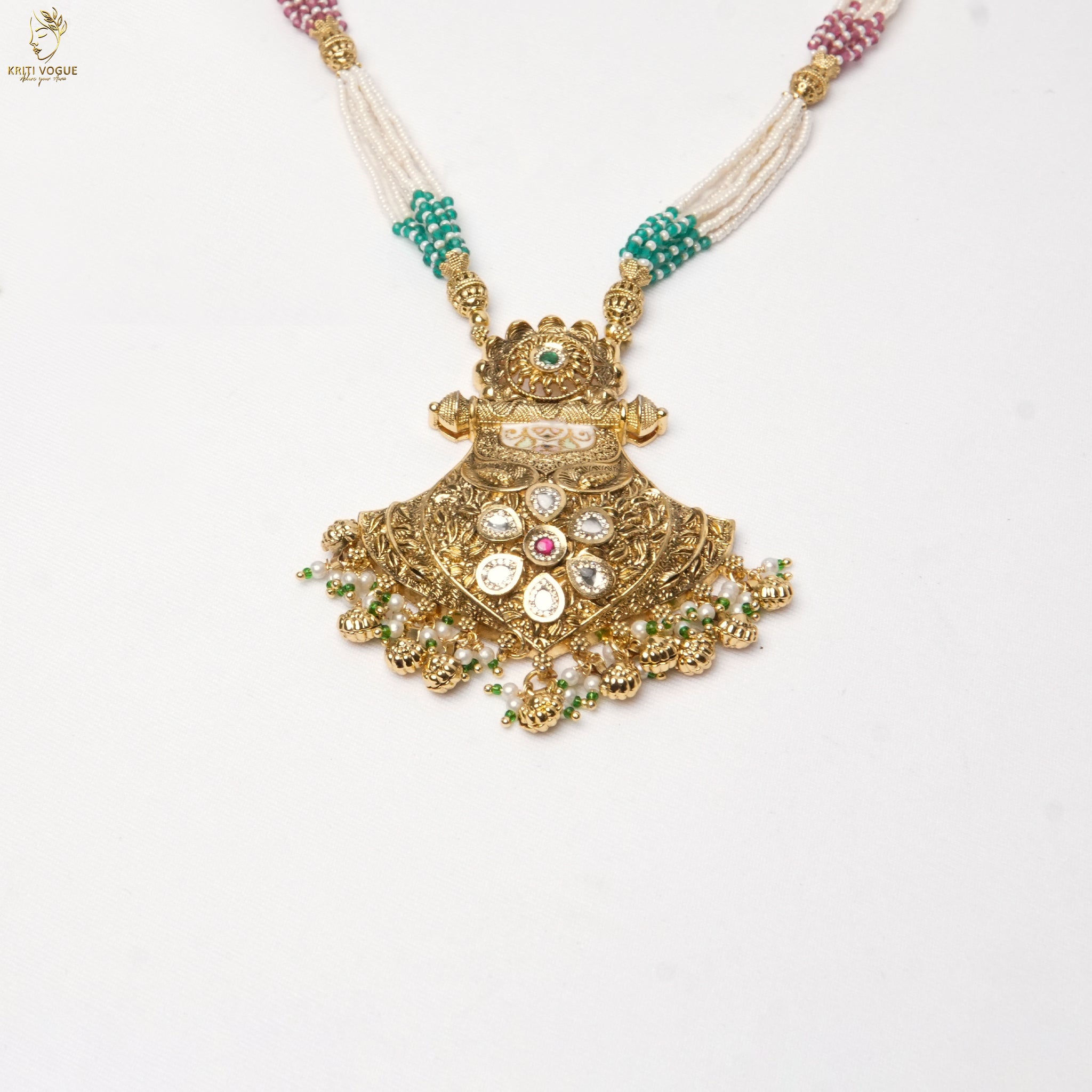 Pearl Mala Kundan Temple Pendant Set | Multi-Strand Haram | Ruby Emerald | KV-5110