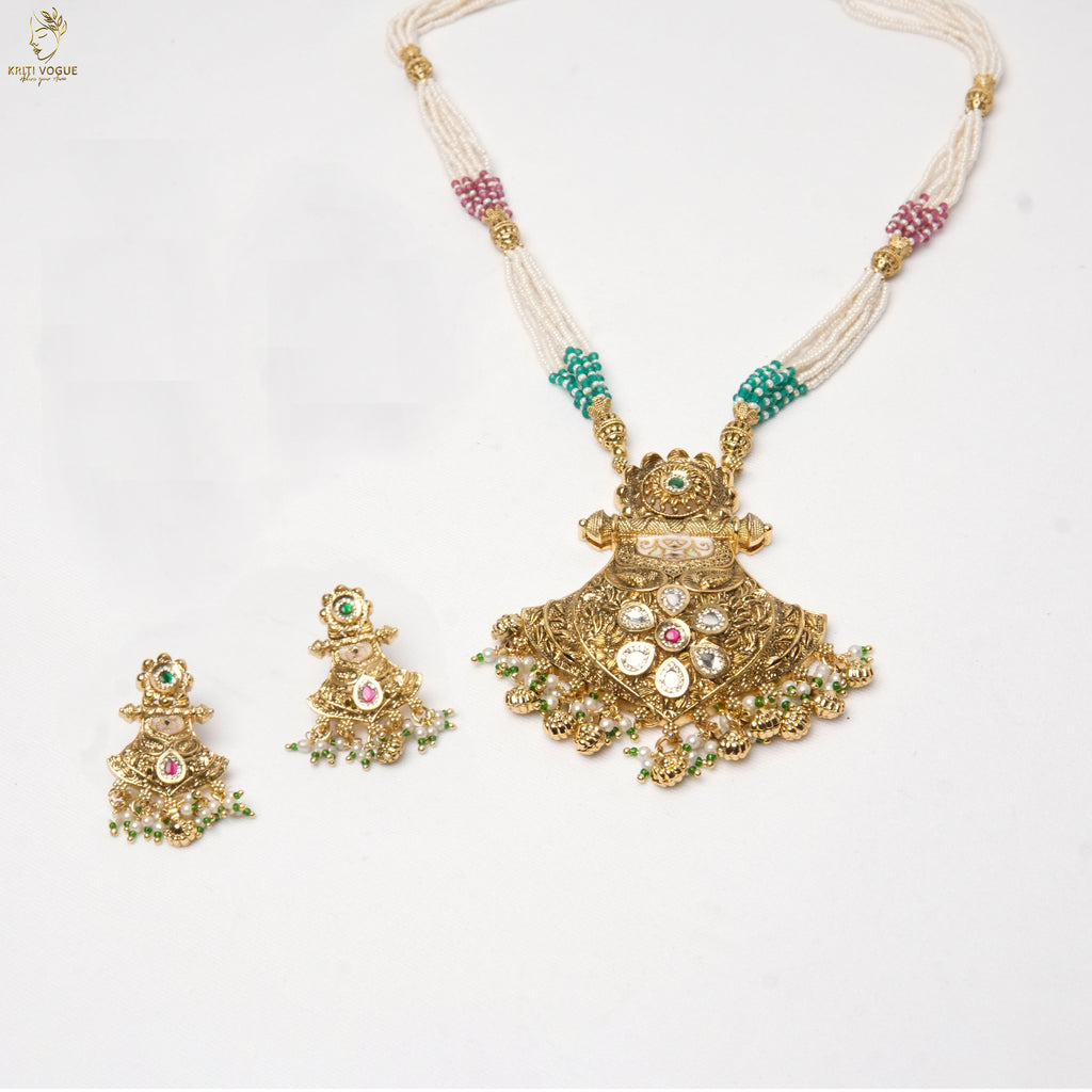 Pearl Mala Kundan Temple Pendant Set | Multi-Strand Haram | Ruby Emerald | KV-5110