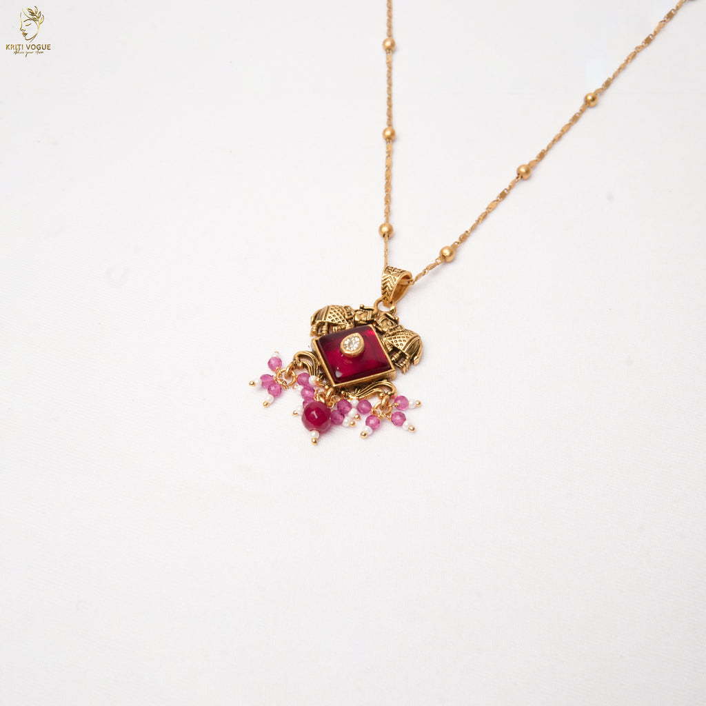 Gold Ruby Enamel Pendant Necklace Set | Satellite Ball Chain | Geometric Studs | KV-5121