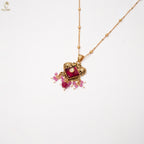 Gold Ruby Enamel Pendant Necklace Set | Satellite Ball Chain | Geometric Studs | KV-5121