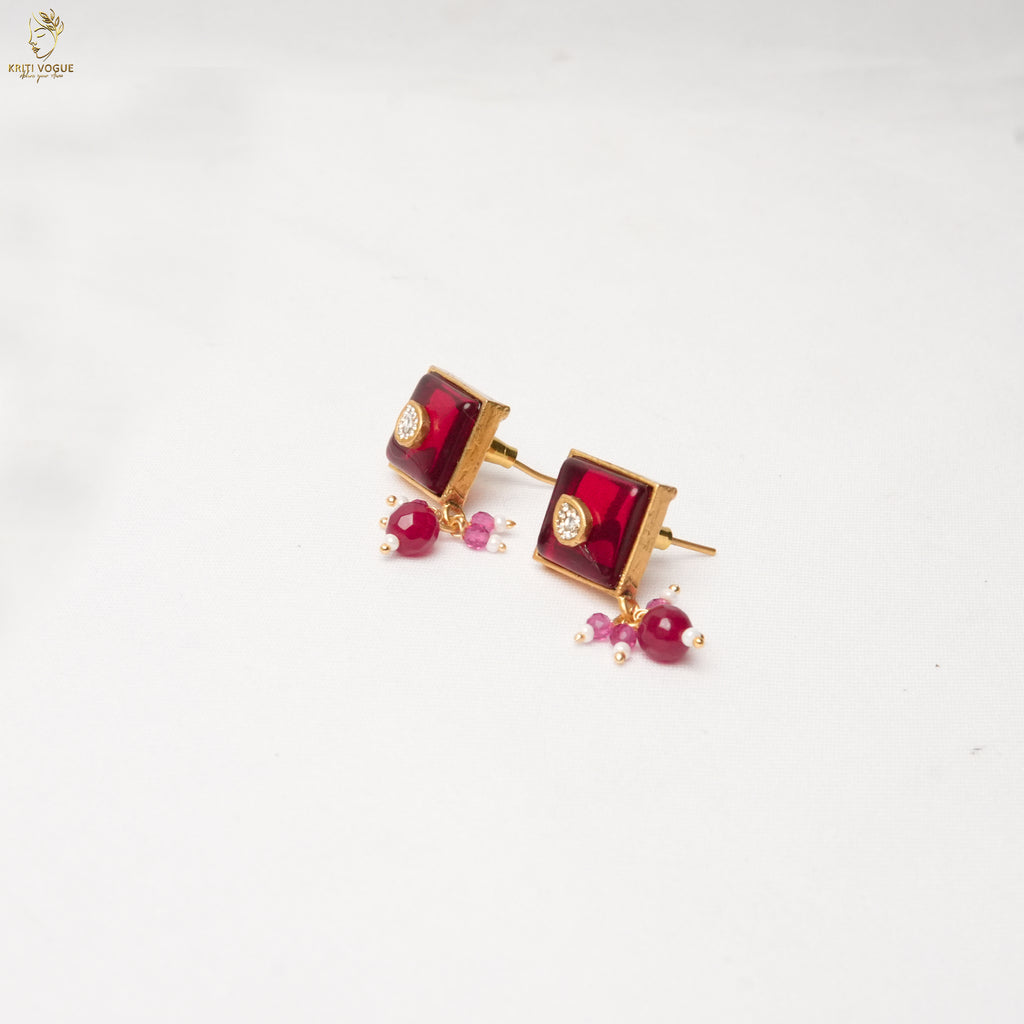 Gold Ruby Enamel Pendant Necklace Set | Satellite Ball Chain | Geometric Studs | KV-5121