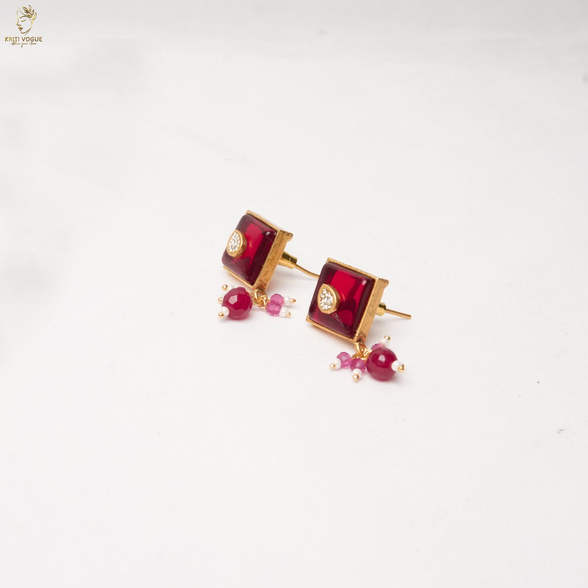 Gold Ruby Enamel Pendant Necklace Set | Satellite Ball Chain | Geometric Studs | KV-5121