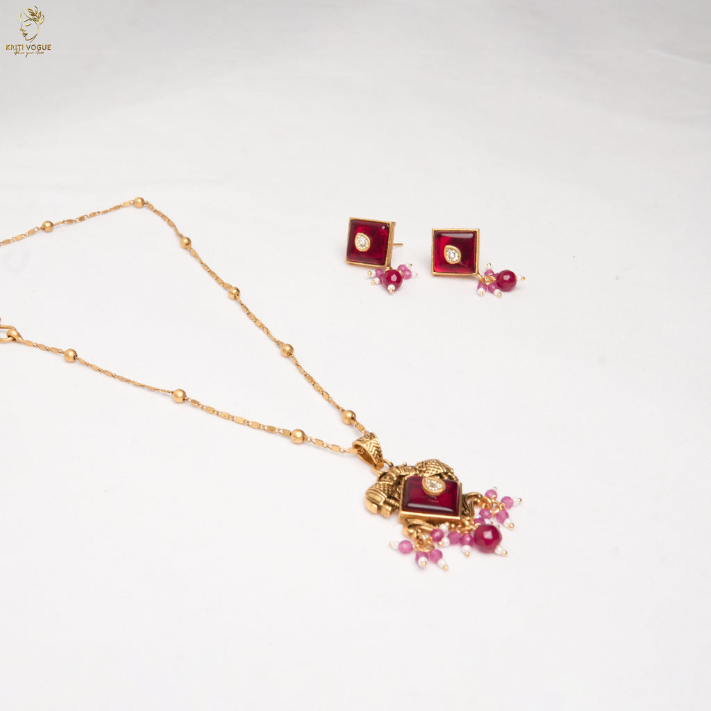 Gold Ruby Enamel Pendant Necklace Set | Satellite Ball Chain | Geometric Studs | KV-5121