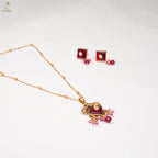 Gold Ruby Enamel Pendant Necklace Set | Satellite Ball Chain | Geometric Studs | KV-5121