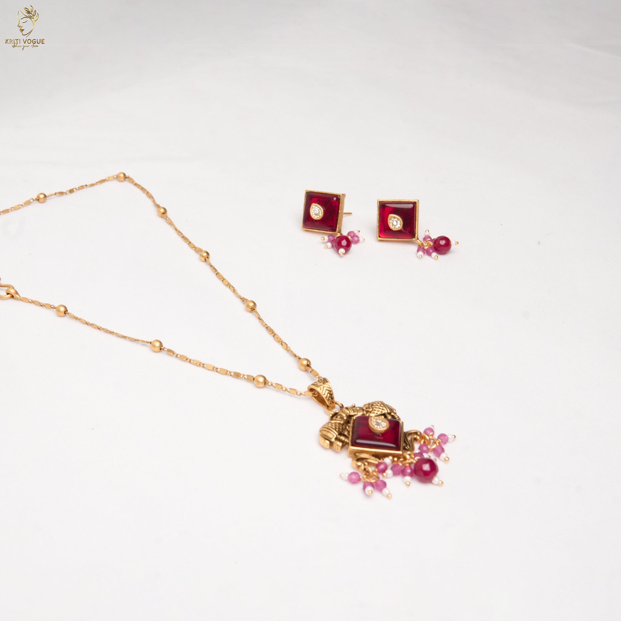 Gold Ruby Enamel Pendant Necklace Set | Satellite Ball Chain | Geometric Studs | KV-5121
