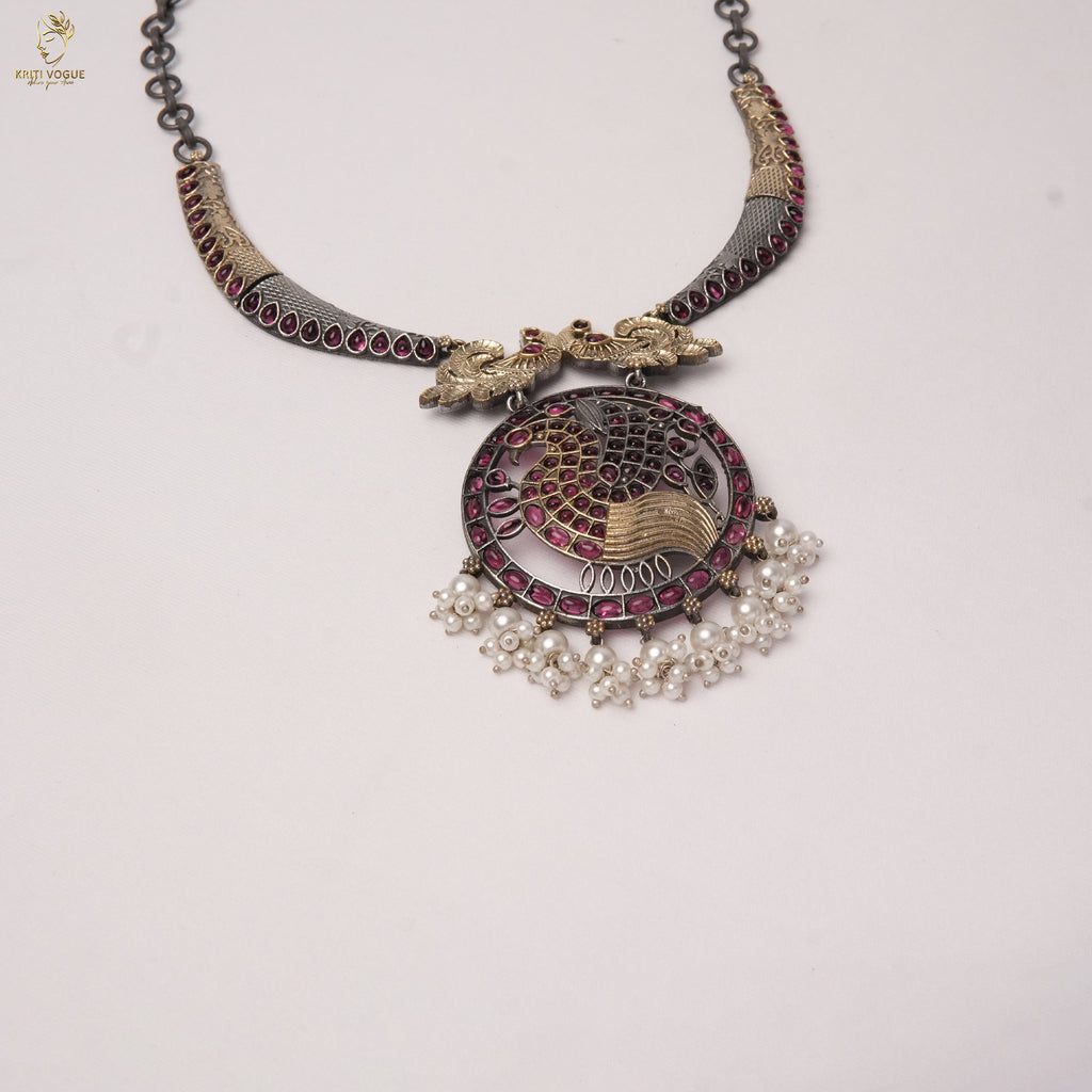 Oxidised Silver Peacock Necklace Set | Ruby & Pearl Fringe | Ethnic Statement | KV-5233