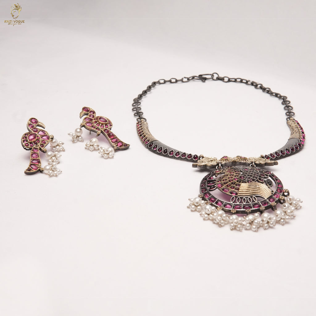 Oxidised Silver Peacock Necklace Set | Ruby & Pearl Fringe | Ethnic Statement | KV-5233