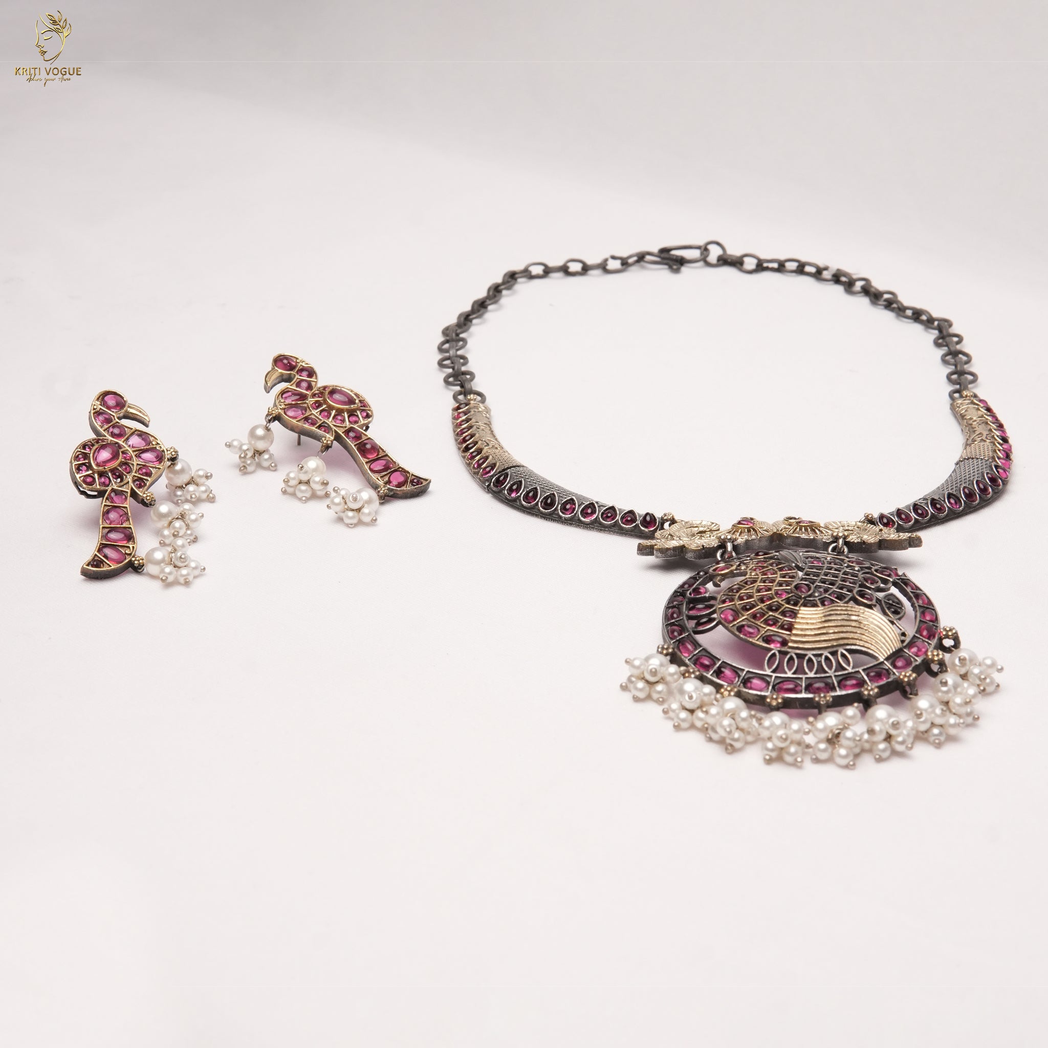 Oxidised Silver Peacock Necklace Set | Ruby & Pearl Fringe | Ethnic Statement | KV-5233