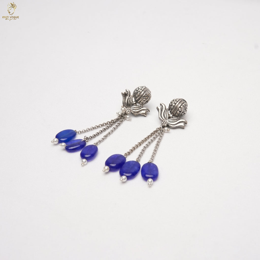 Heavy German Silver Tribal Bib Necklace Set | Blue Stone | Festive Statement | KV-5237