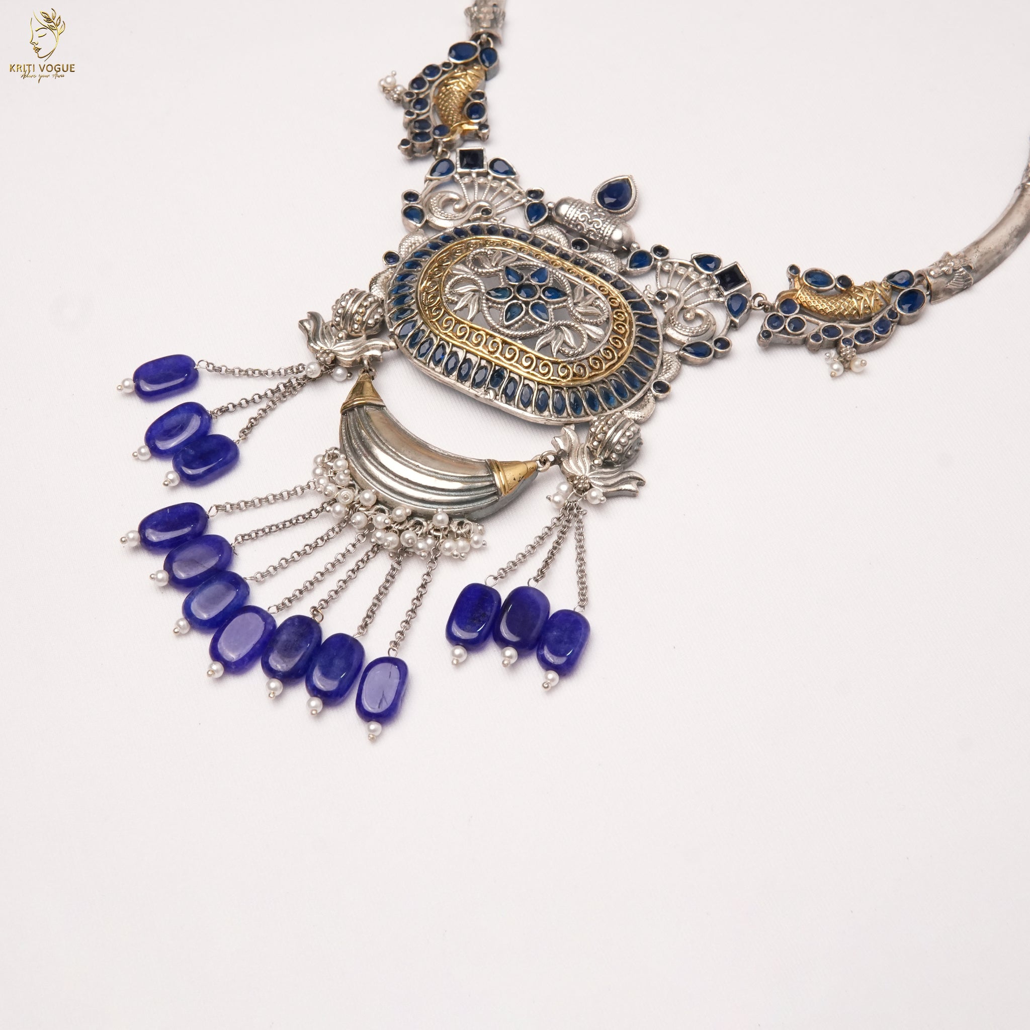 Heavy German Silver Tribal Bib Necklace Set | Blue Stone | Festive Statement | KV-5237