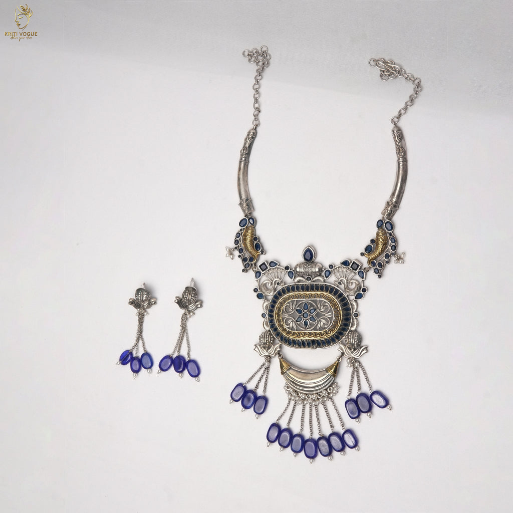 Heavy German Silver Tribal Bib Necklace Set | Blue Stone | Festive Statement | KV-5237