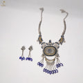 Heavy German Silver Tribal Bib Necklace Set | Blue Stone | Festive Statement | KV-5237